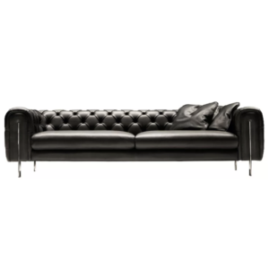 Italian Minimalist Luxury Tufted Genuine Leather Sofa with Slim Metal Legs, Smooth Streamlined Lines