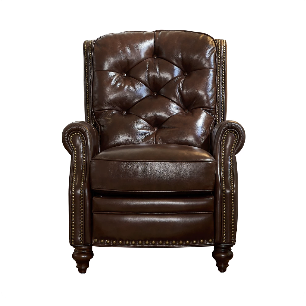 Vintage American Tufted Genuine Leather Recliner Chair with Nailhead Trim, Extendable Footrest