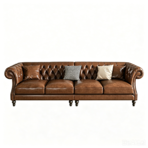 Classic American Vintage Rolled Arm Genuine Leather Chesterfield Sofa, High-End Oil Wax Leather Four-Seater Living Room Couch