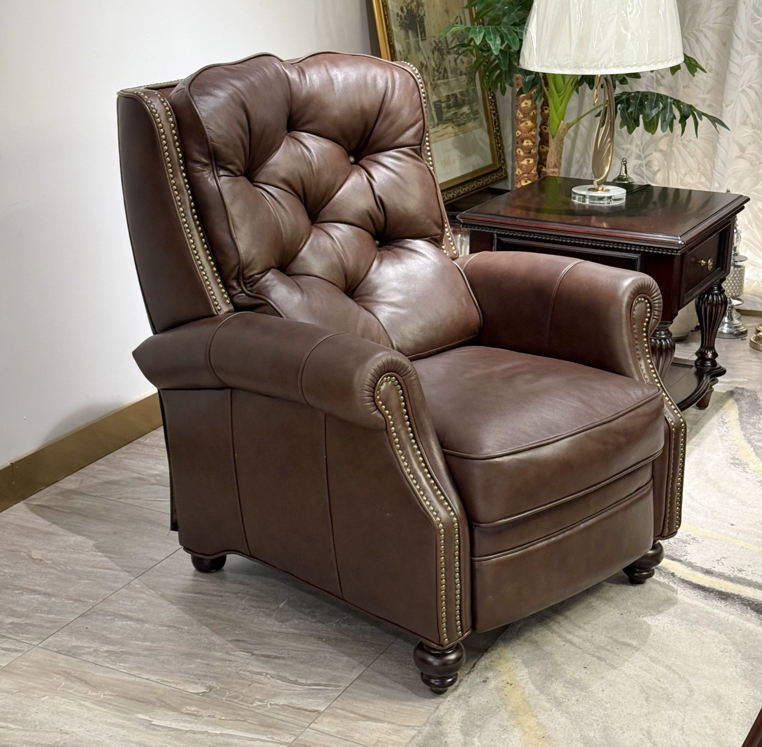 Vintage American Tufted Genuine Leather Recliner Chair with Nailhead Trim, Extendable Footrest - Image 2
