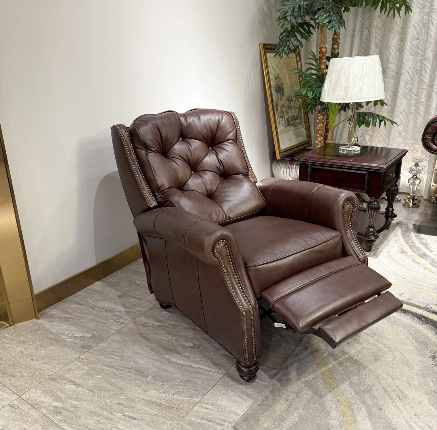 Vintage American Tufted Genuine Leather Recliner Chair with Nailhead Trim, Extendable Footrest - Image 3
