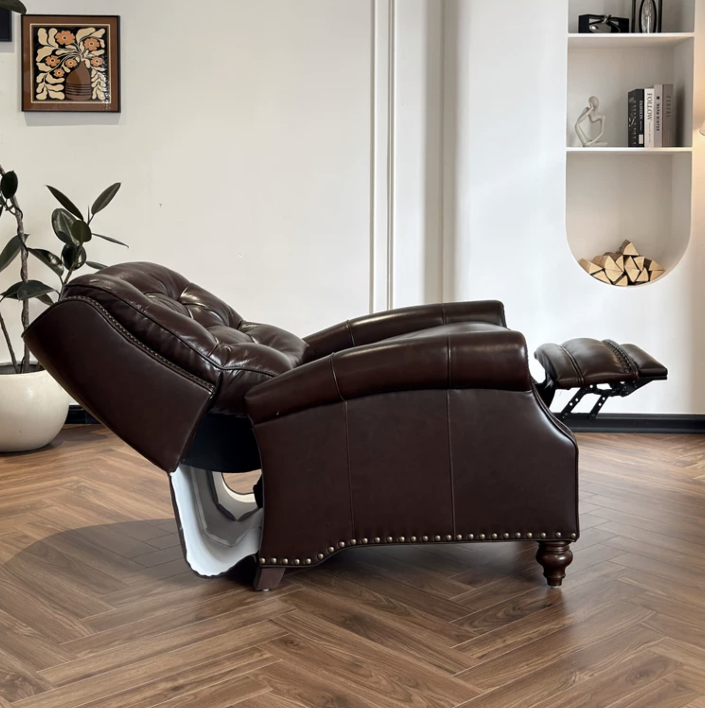 Vintage American Tufted Genuine Leather Recliner Chair with Nailhead Trim, Extendable Footrest - Image 6