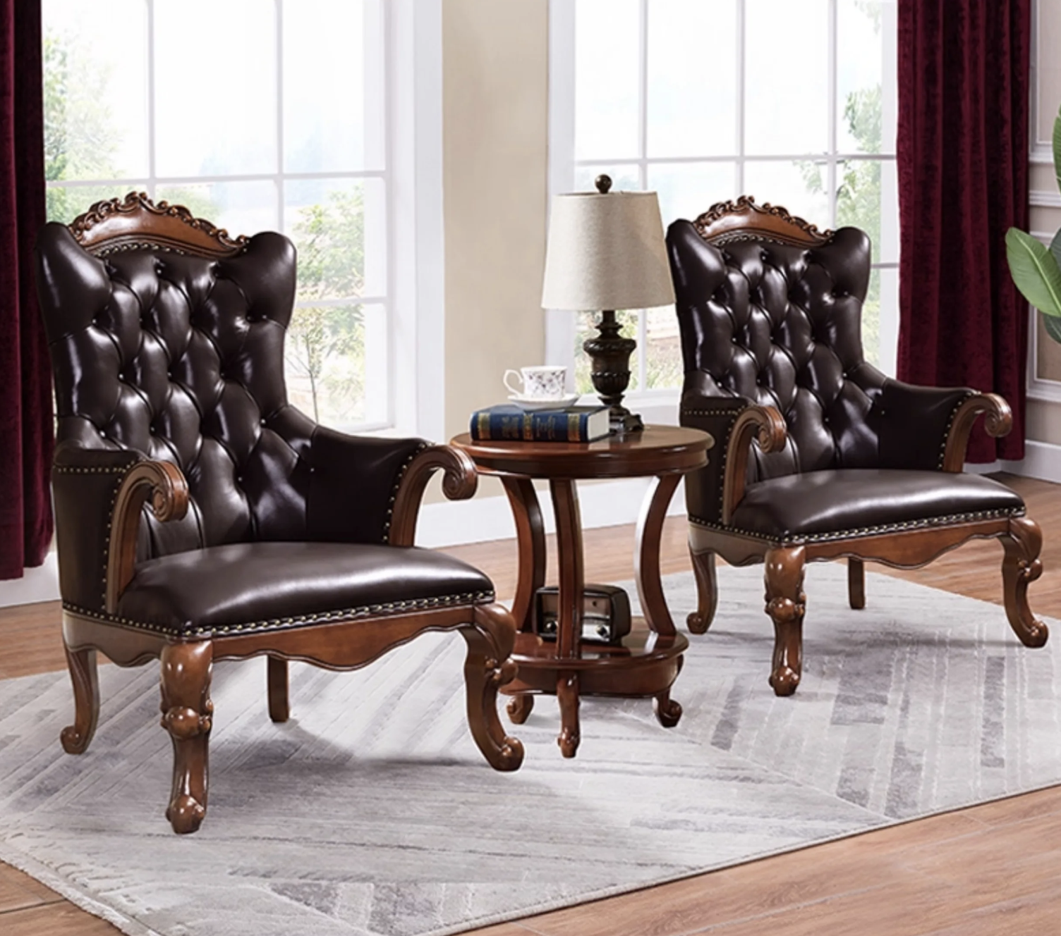 Vintage Dark Brown Top Grain Leather Wingback Accent Chair, Hand Button Tufted Armchair with Carved Solid Wood Legs & Nailhead Trim for Study Living Room - Image 2