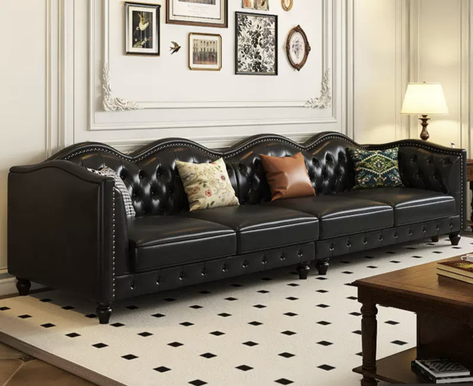 Vintage Tufted Top Grain Leather 4-Seater Sofa, Curved Wave Back Nailhead Trim Rolled Arm Brown Leather Couch for Living Room Farmhouse Decor - Image 7