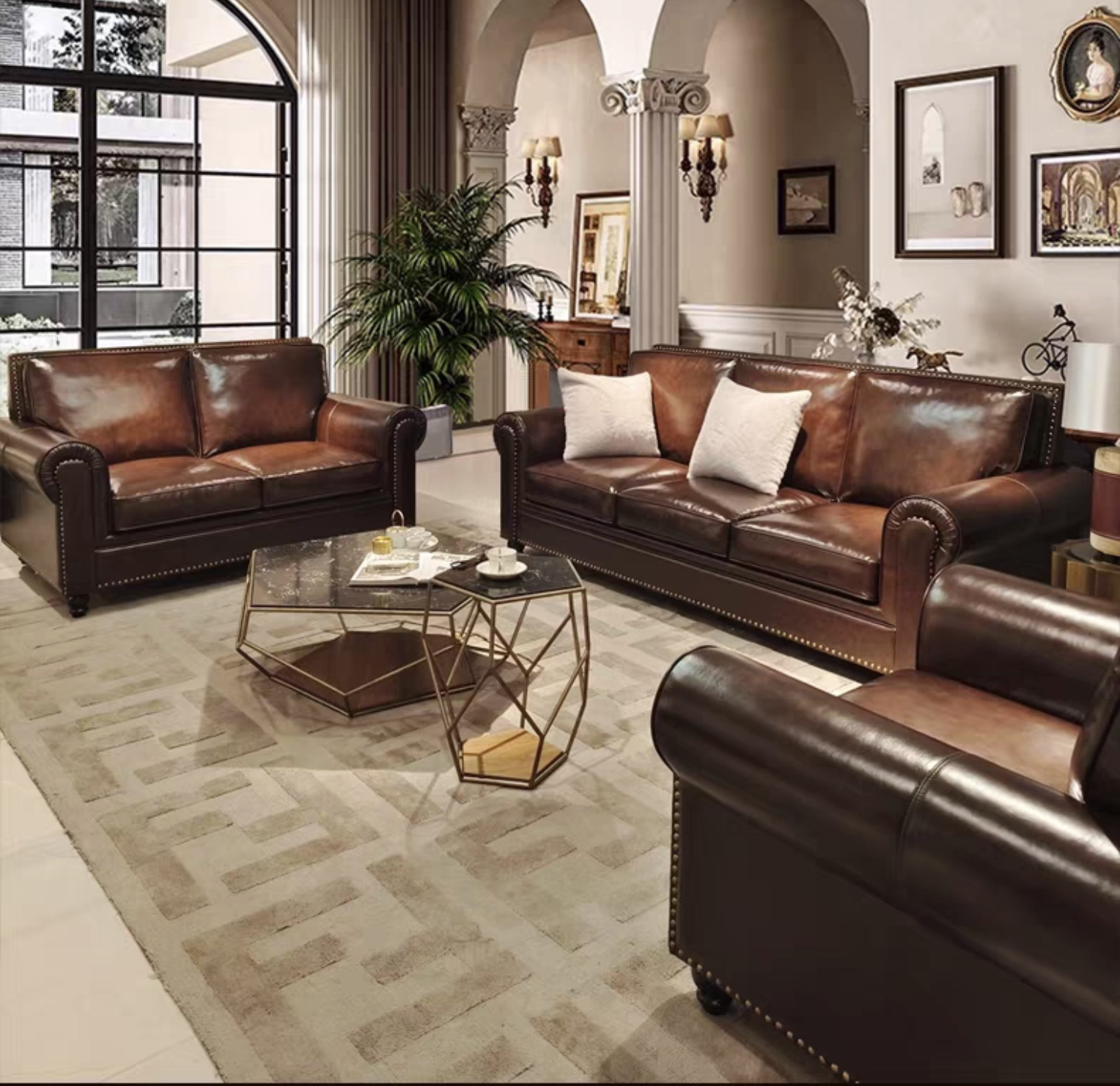 Vintage Rolled Arm Top Grain Leather 3-Seater Sofa, Antique Nailhead Trim Brown Leather Couch for Farmhouse Traditional Living Room Furniture - Image 2