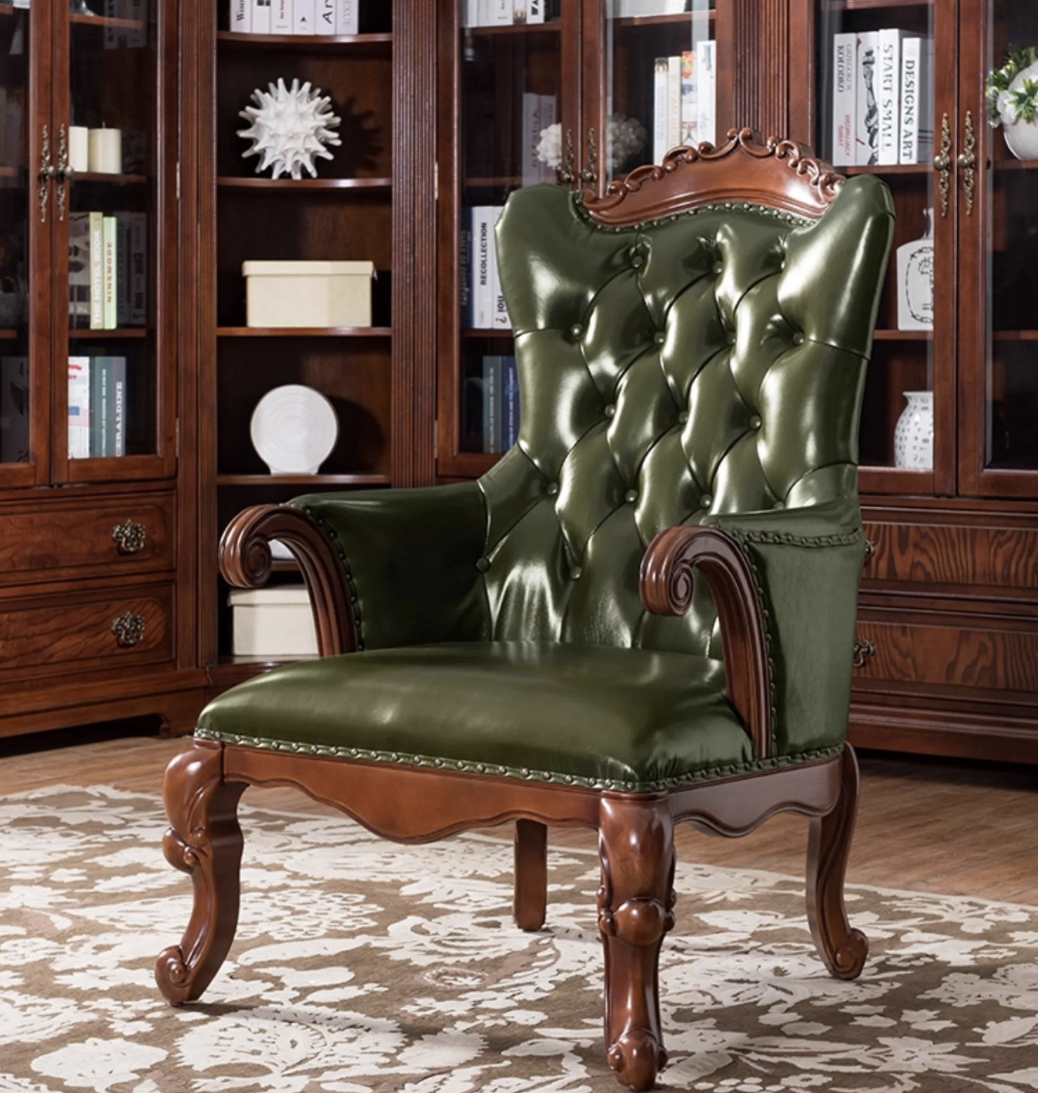 Vintage Dark Brown Top Grain Leather Wingback Accent Chair, Hand Button Tufted Armchair with Carved Solid Wood Legs & Nailhead Trim for Study Living Room - Image 6