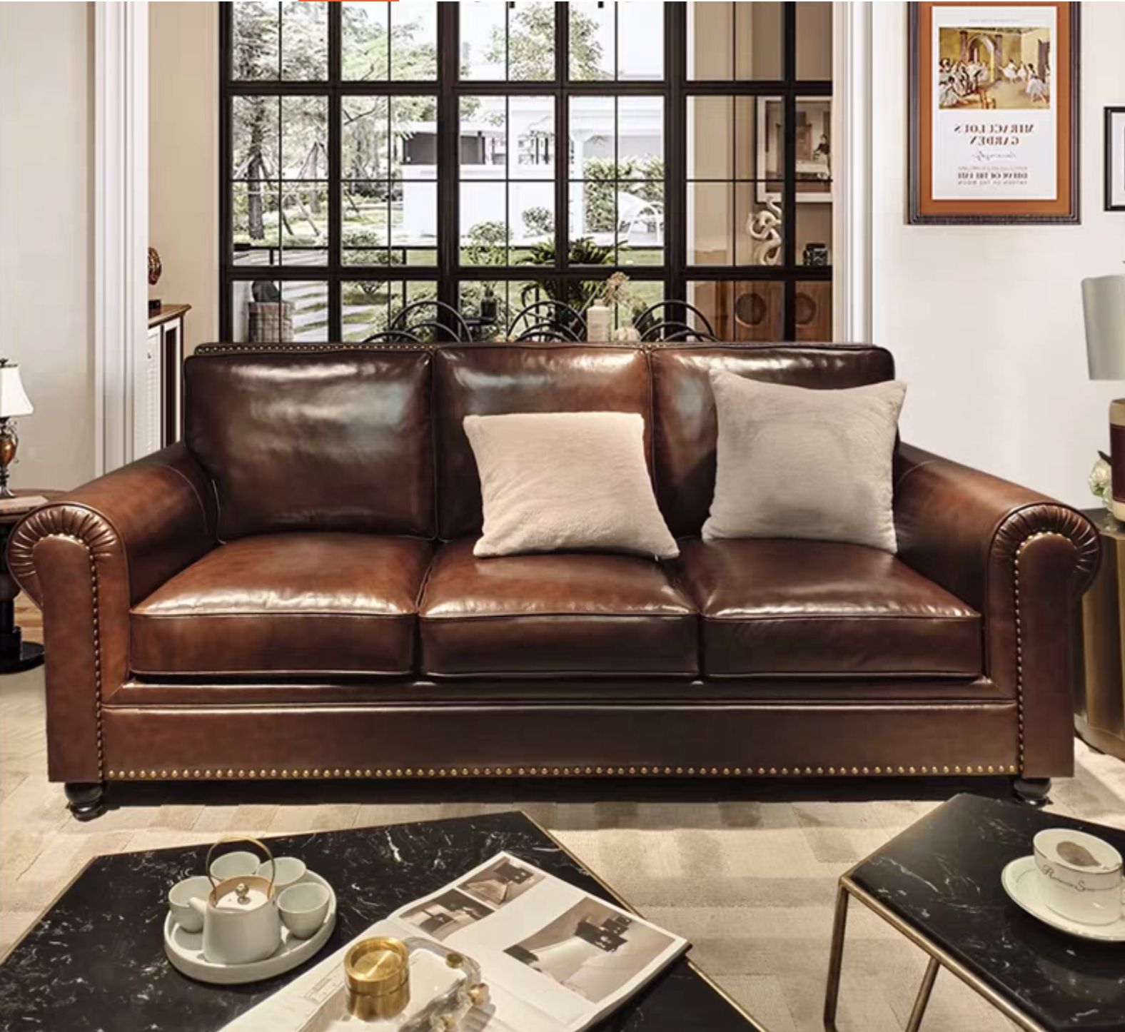 Vintage Rolled Arm Top Grain Leather 3-Seater Sofa, Antique Nailhead Trim Brown Leather Couch for Farmhouse Traditional Living Room Furniture - Image 3