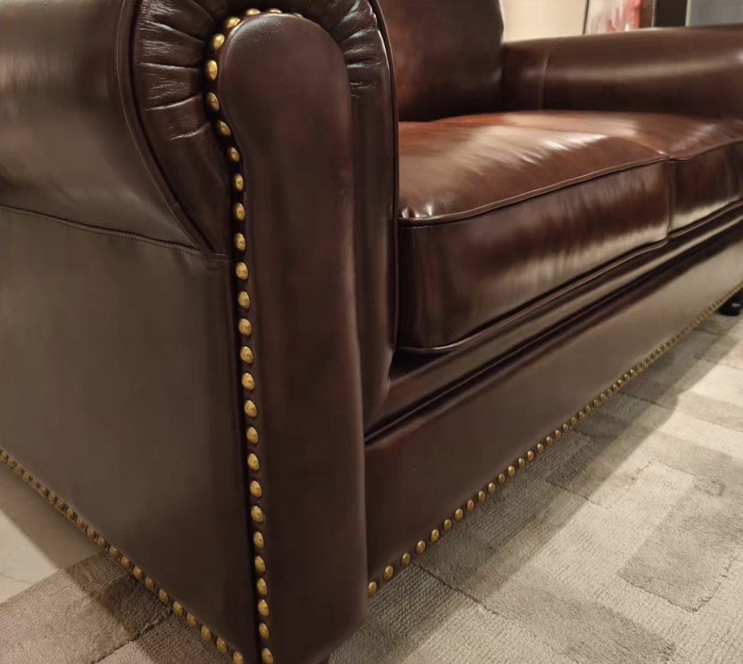 Vintage Rolled Arm Top Grain Leather 3-Seater Sofa, Antique Nailhead Trim Brown Leather Couch for Farmhouse Traditional Living Room Furniture - Image 6