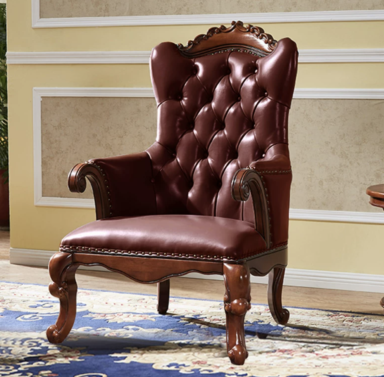Vintage Dark Brown Top Grain Leather Wingback Accent Chair, Hand Button Tufted Armchair with Carved Solid Wood Legs & Nailhead Trim for Study Living Room - Image 7