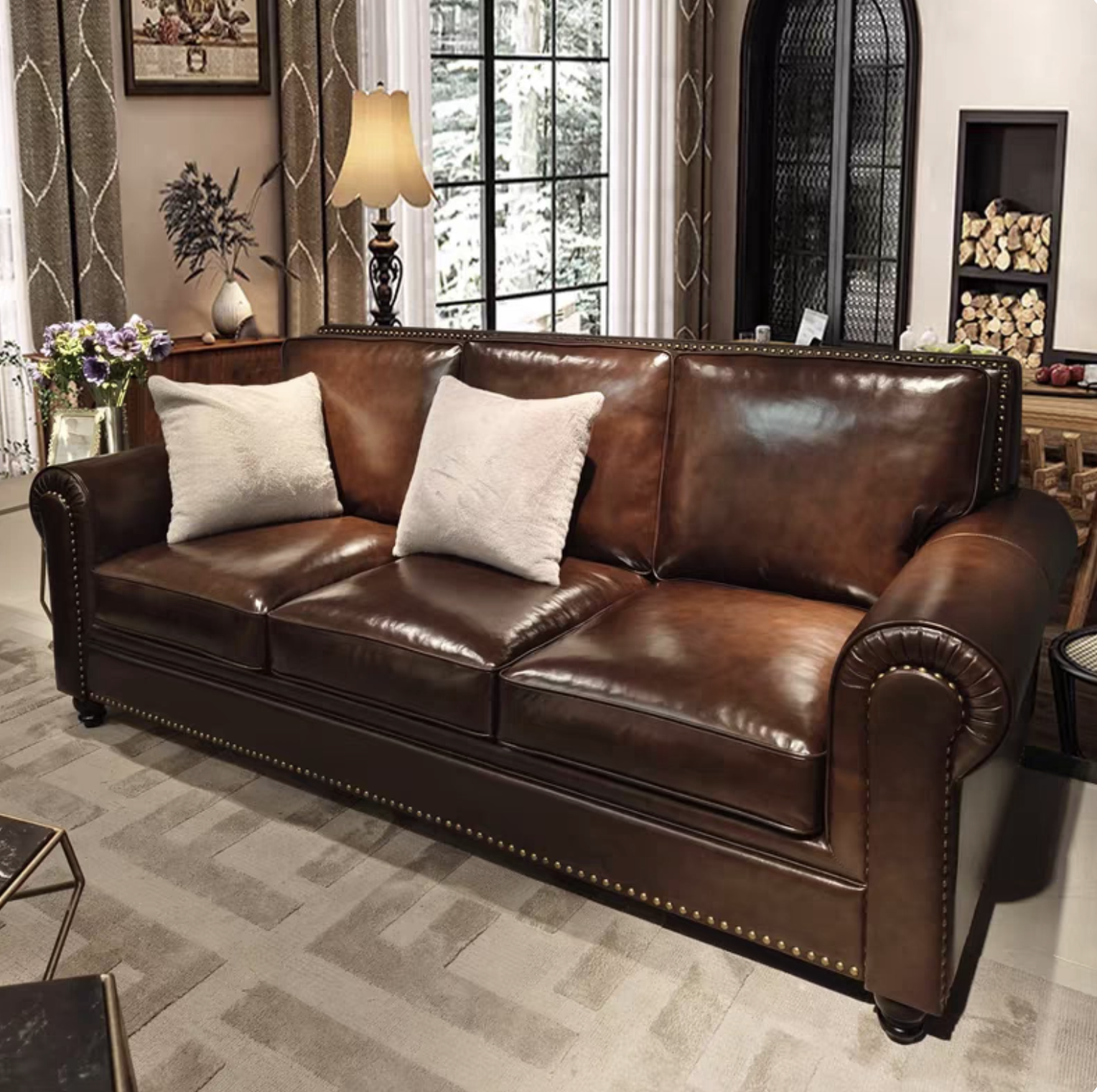 Vintage Rolled Arm Top Grain Leather 3-Seater Sofa, Antique Nailhead Trim Brown Leather Couch for Farmhouse Traditional Living Room Furniture - Image 4