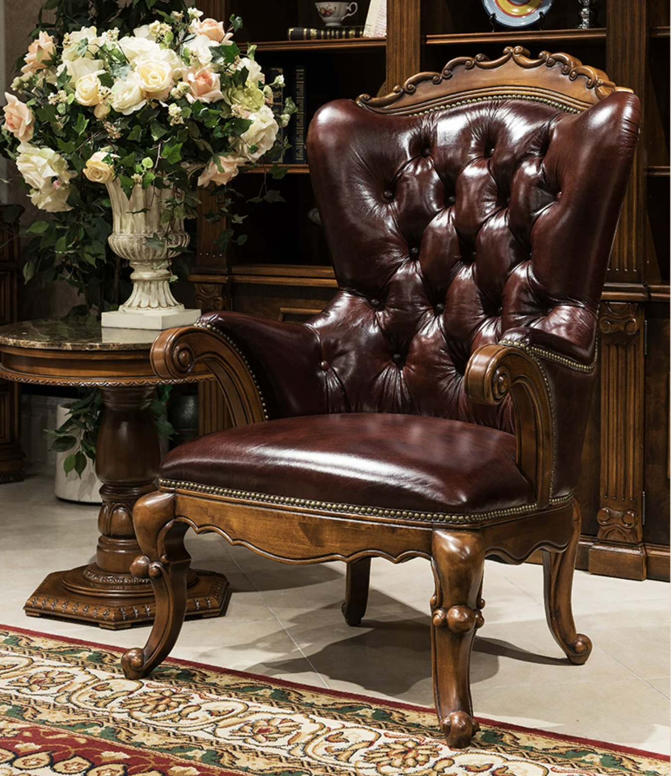 Vintage Dark Brown Top Grain Leather Wingback Accent Chair, Hand Button Tufted Armchair with Carved Solid Wood Legs & Nailhead Trim for Study Living Room - Image 9