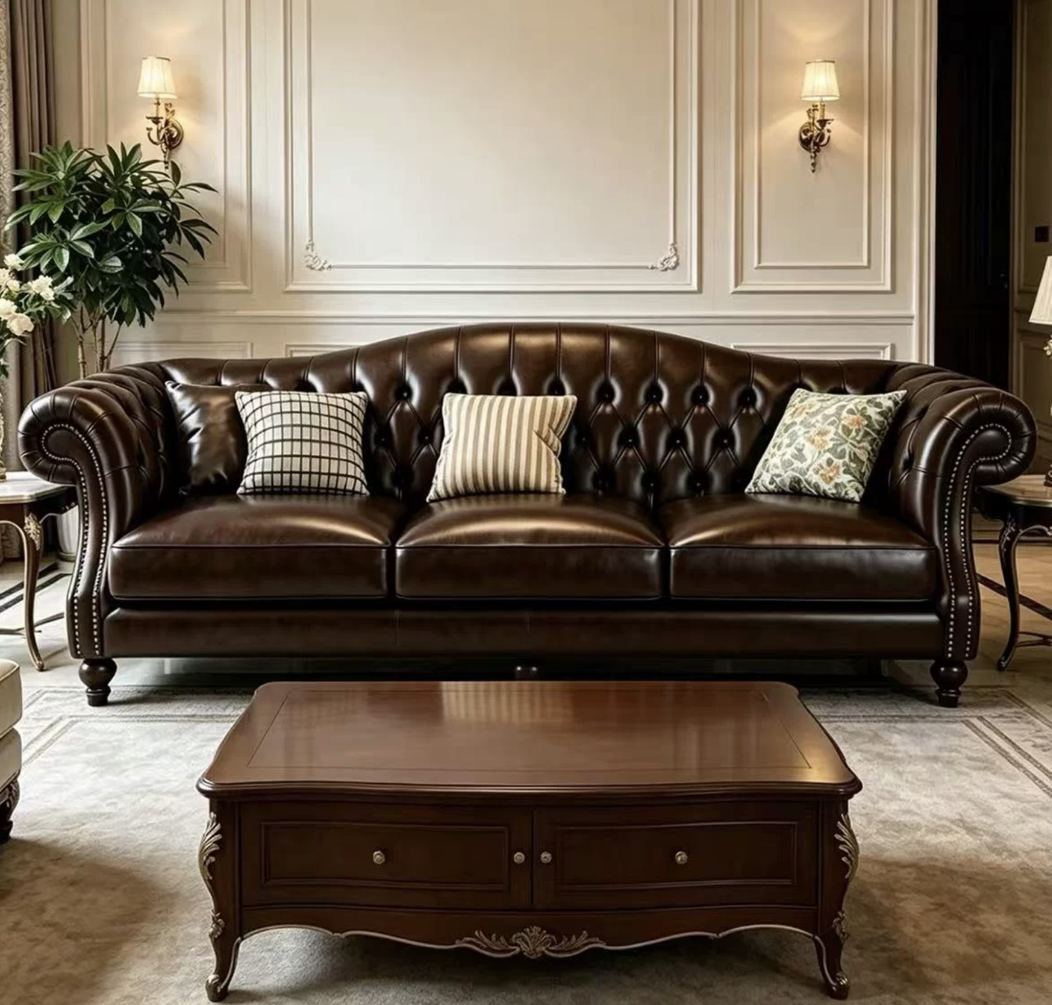 Vintage Button Tufted Dark Brown Leather Chesterfield Sofa with Nailhead Detailing - Image 2