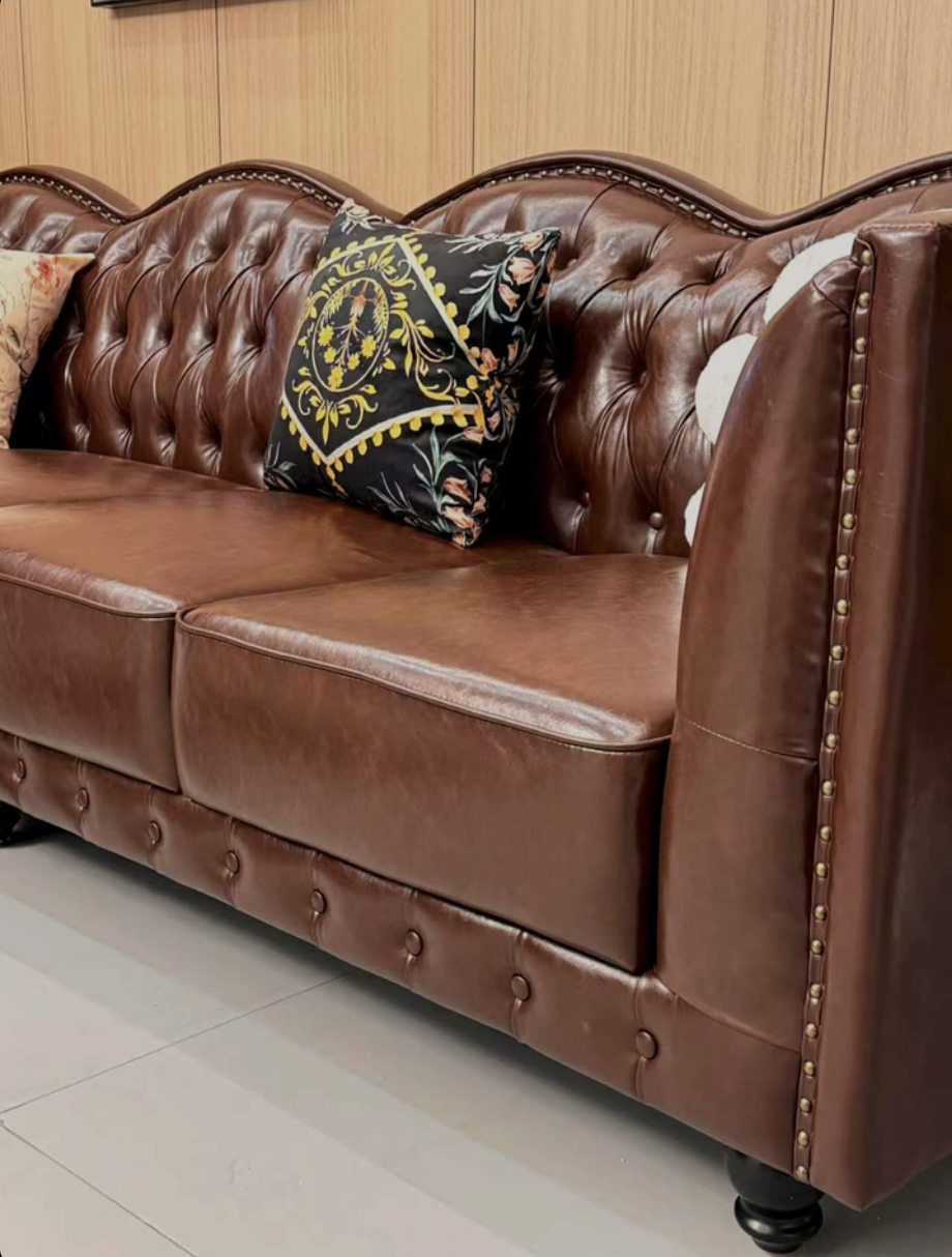 Vintage Tufted Top Grain Leather 4-Seater Sofa, Curved Wave Back Nailhead Trim Rolled Arm Brown Leather Couch for Living Room Farmhouse Decor - Image 6