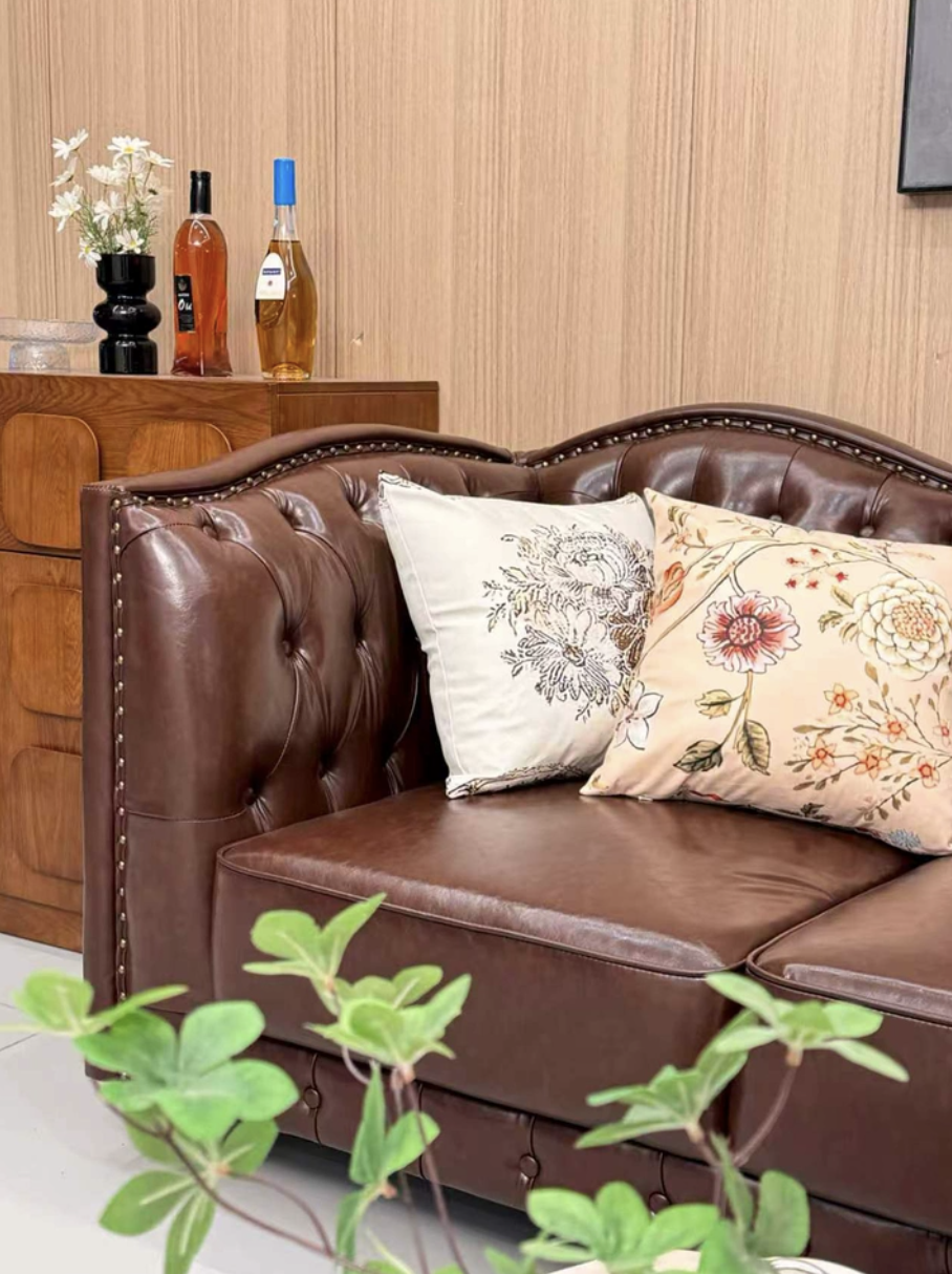 Vintage Tufted Top Grain Leather 4-Seater Sofa, Curved Wave Back Nailhead Trim Rolled Arm Brown Leather Couch for Living Room Farmhouse Decor - Image 5