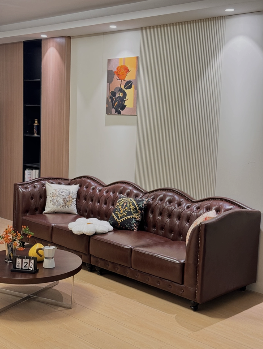 Vintage Tufted Top Grain Leather 4-Seater Sofa, Curved Wave Back Nailhead Trim Rolled Arm Brown Leather Couch for Living Room Farmhouse Decor - Image 8