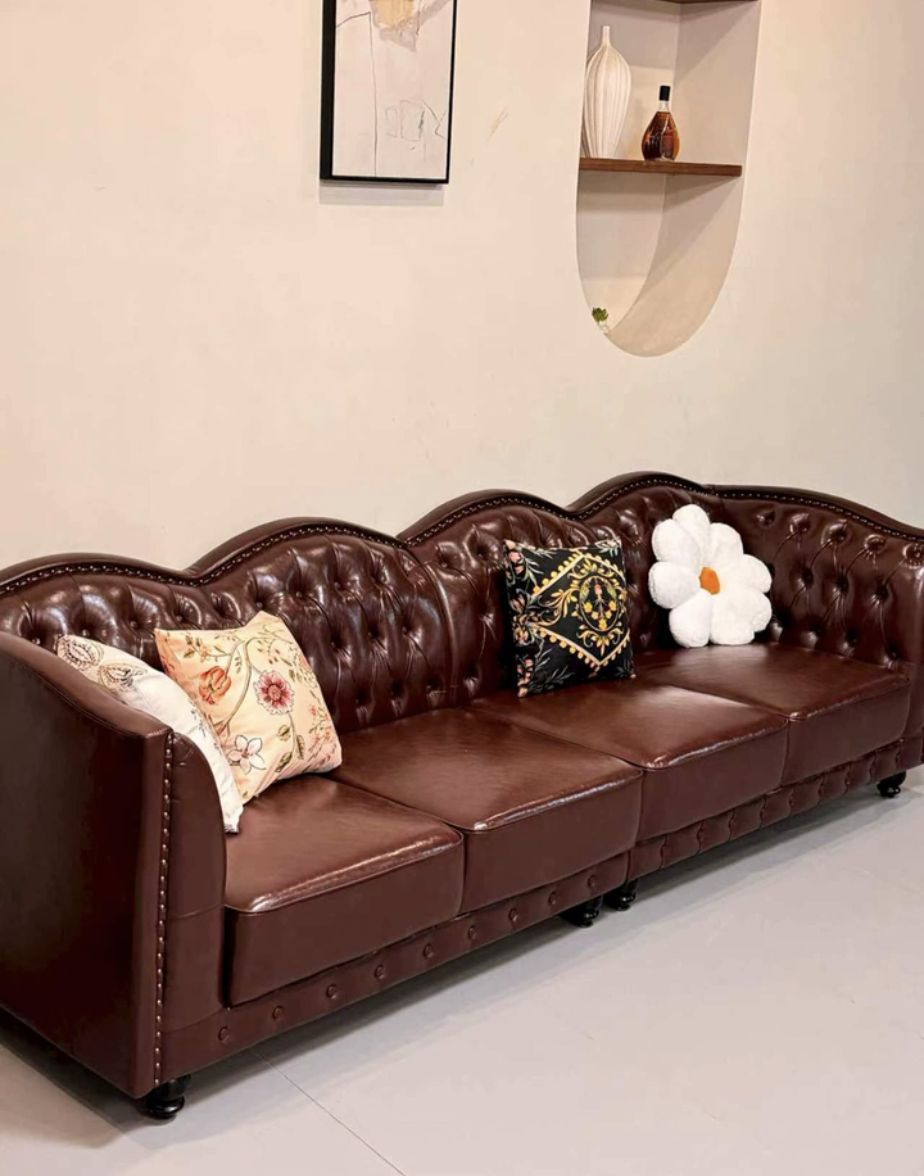 Vintage Tufted Top Grain Leather 4-Seater Sofa, Curved Wave Back Nailhead Trim Rolled Arm Brown Leather Couch for Living Room Farmhouse Decor - Image 9