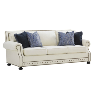 Cream Linen Fabric Rolled Arm 3-Seater Sofa, Antique Nailhead Trim Traditional Upholstered Couch with Decorative Paisley Pillows for Farmhouse Coastal Living Room
