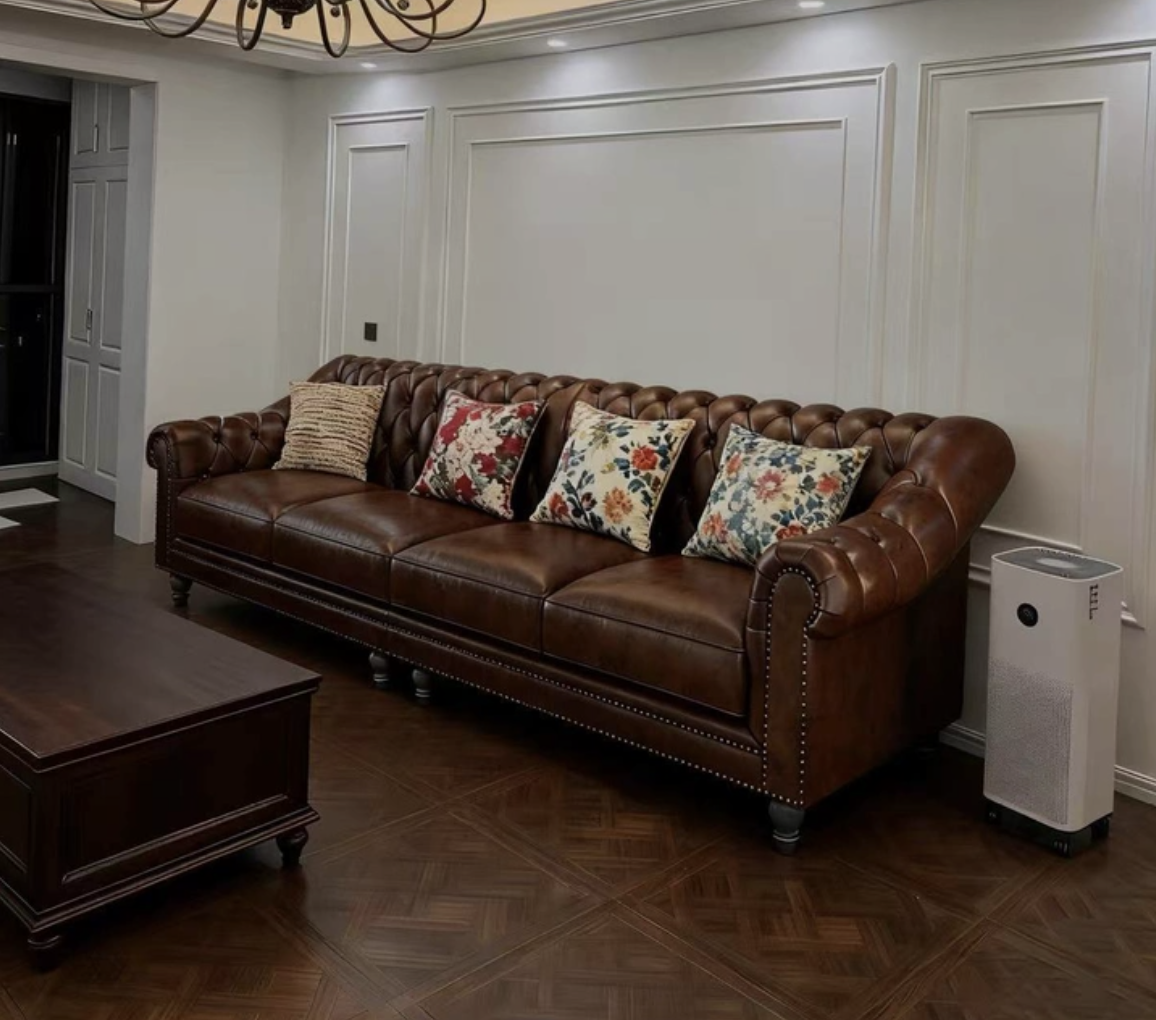Vintage Distressed Brown Top Grain Leather 4-Seater Chesterfield Sofa, Button Tufted Roll Arm Couch with Antique Nailhead Trim for Traditional Living Room - Image 2
