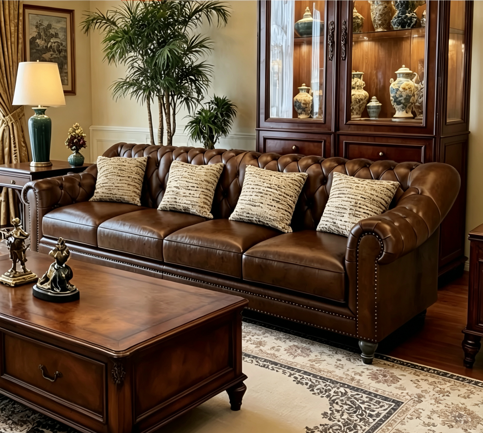 Vintage Distressed Brown Top Grain Leather 4-Seater Chesterfield Sofa, Button Tufted Roll Arm Couch with Antique Nailhead Trim for Traditional Living Room - Image 7