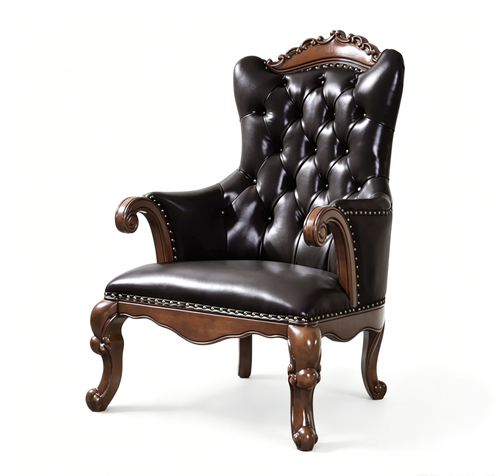 Vintage Dark Brown Top Grain Leather Wingback Accent Chair, Hand Button Tufted Armchair with Carved Solid Wood Legs & Nailhead Trim for Study Living Room