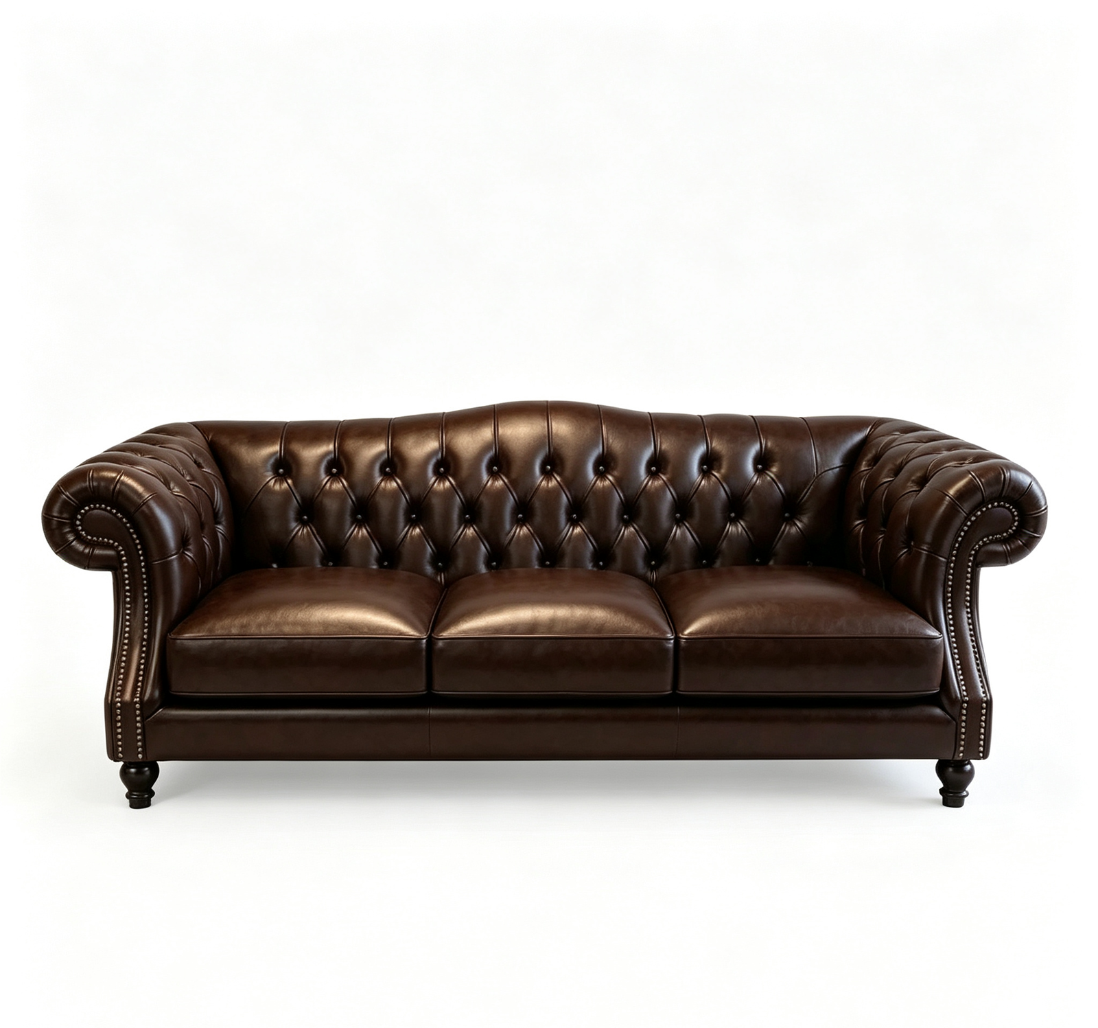 Vintage Button Tufted Dark Brown Leather Chesterfield Sofa with Nailhead Detailing