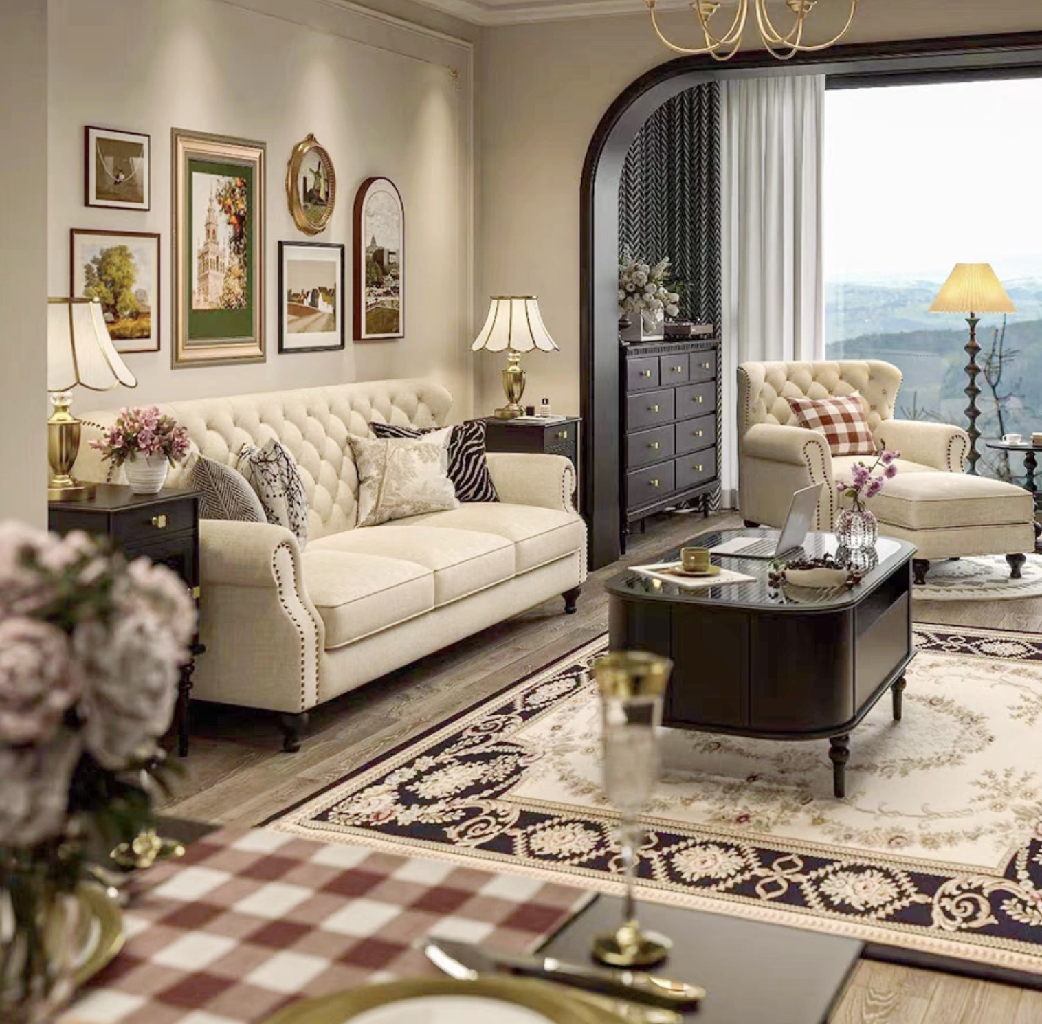 Farmhouse Classic Button Tufted Beige Linen Chesterfield Sofa, Three Seat Roll Arm Couch with Nailhead Detailing - Image 2