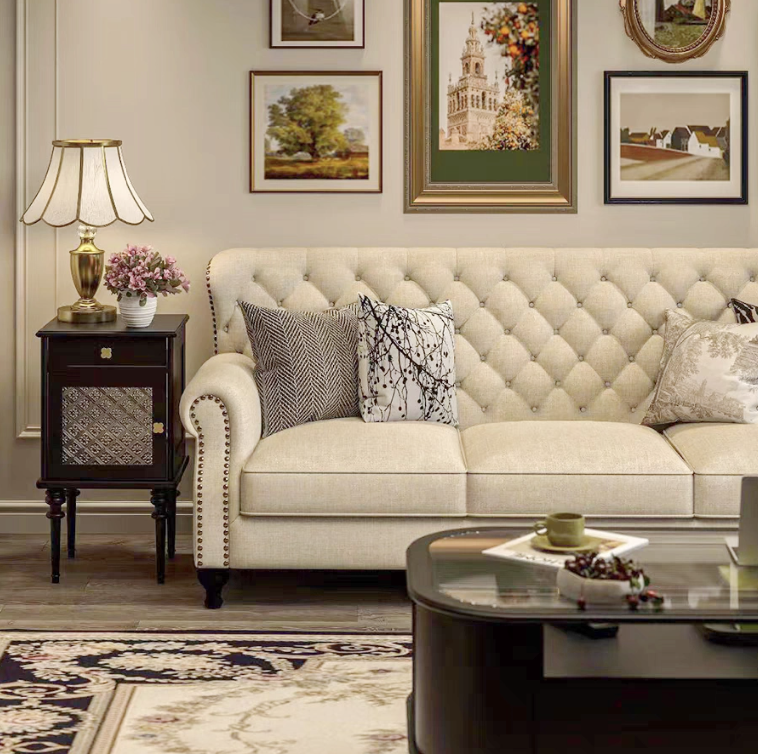 Farmhouse Classic Button Tufted Beige Linen Chesterfield Sofa, Three Seat Roll Arm Couch with Nailhead Detailing - Image 3