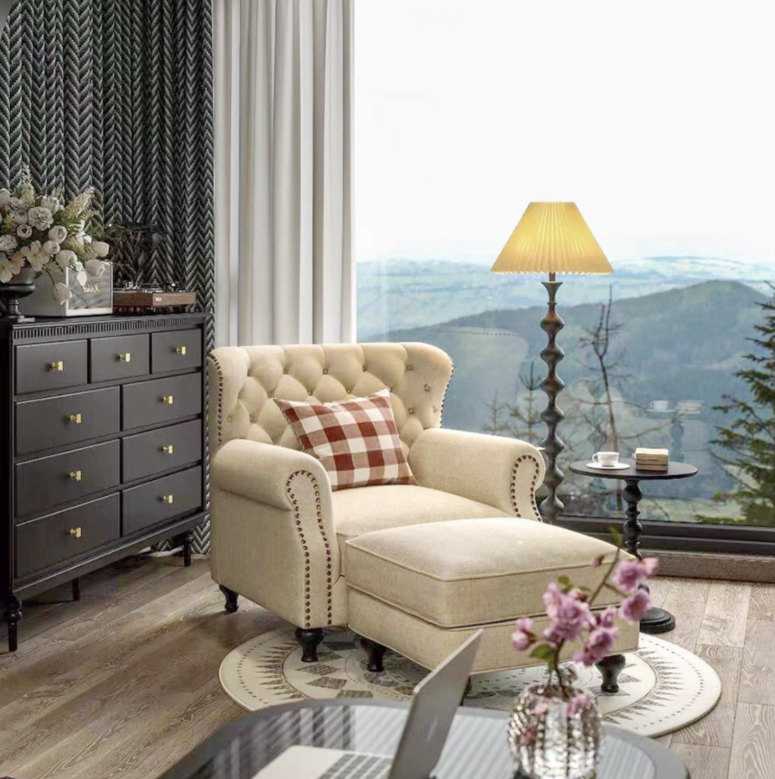 Farmhouse Classic Button Tufted Beige Linen Chesterfield Sofa, Three Seat Roll Arm Couch with Nailhead Detailing - Image 4