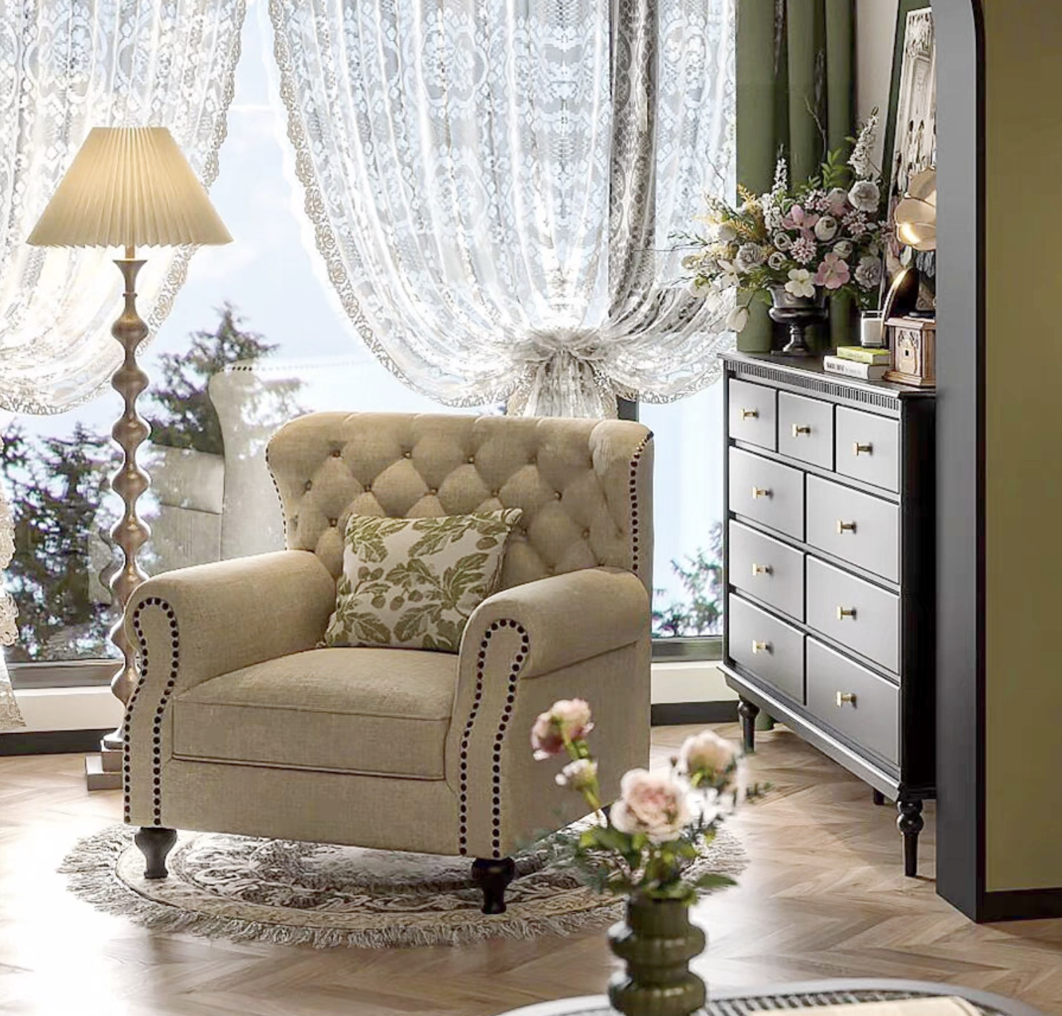 Farmhouse Classic Button Tufted Beige Linen Chesterfield Sofa, Three Seat Roll Arm Couch with Nailhead Detailing - Image 5