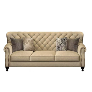 Farmhouse Classic Button Tufted Beige Linen Chesterfield Sofa, Three Seat Roll Arm Couch with Nailhead Detailing