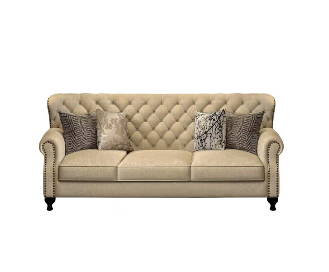 Farmhouse Classic Button Tufted Beige Linen Chesterfield Sofa, Three Seat Roll Arm Couch with Nailhead Detailing