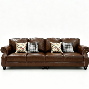 Vintage Brown Top Grain Leather 3-Seater Sofa, Traditional Rolled Arm Rivet Detailing Couch, American Farmhouse Classic Living Room Leather Sofa with Decorative Pillows