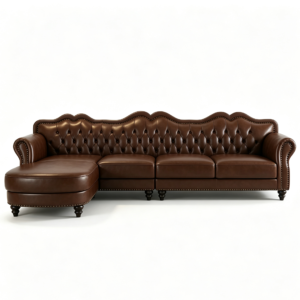 Vintage Brown Top Grain Leather L-Shaped Sectional Sofa with Chaise Lounge & Ottoman, Nailhead Trim Curved Back American Retro 4-Seater Corner Couch for Living Room
