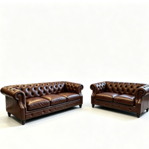 Vintage Chesterfield 3+2 Seater Leather Sofa Set, Button Tufted Rolled Arm Brown Top Grain Leather Couch Set with Nailhead Trim for Traditional Farmhouse Living Room