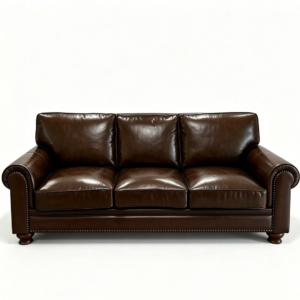 Vintage Rolled Arm Top Grain Leather 3-Seater Sofa, Antique Nailhead Trim Brown Leather Couch for Farmhouse Traditional Living Room Furniture