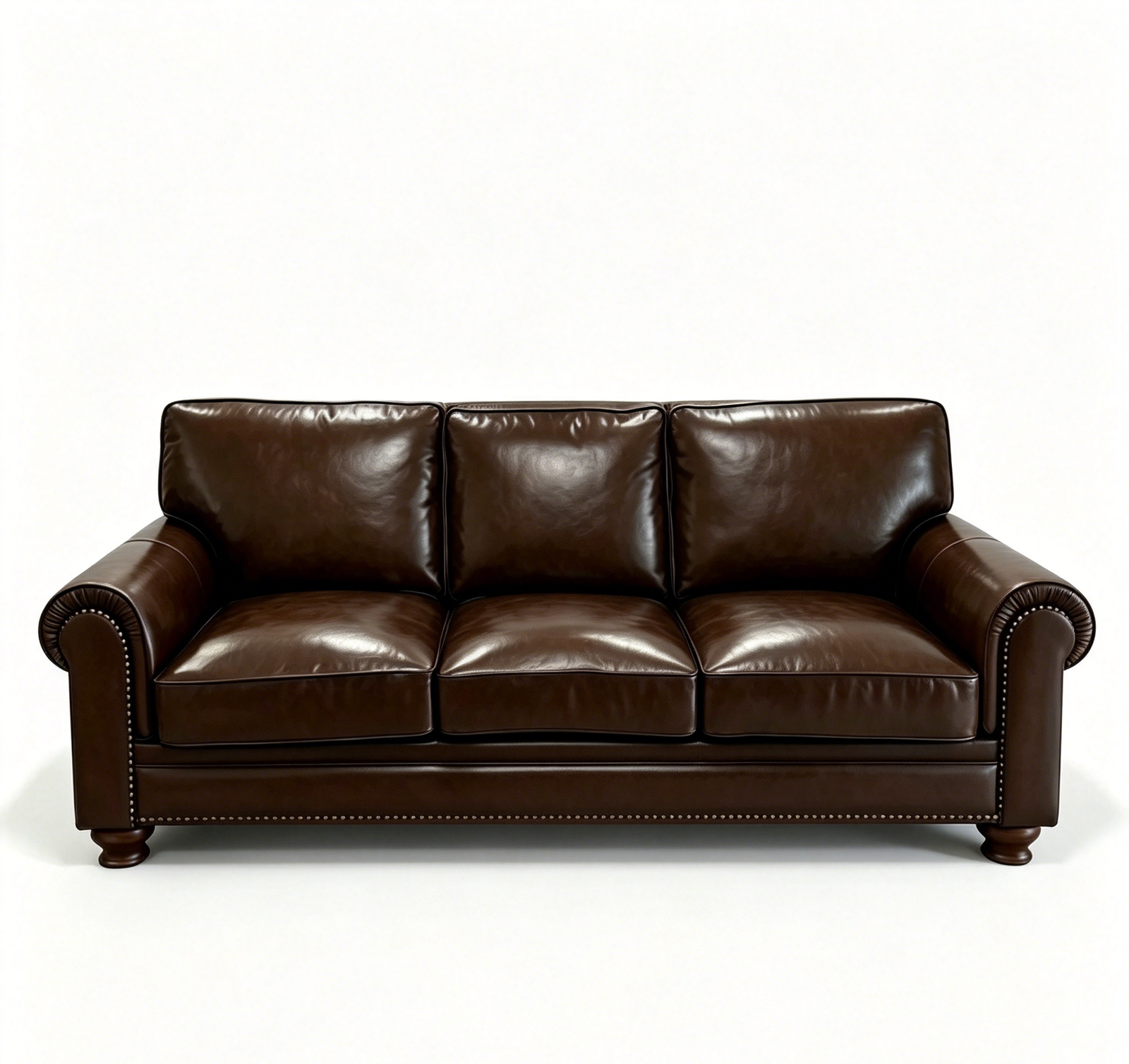 Vintage Rolled Arm Top Grain Leather 3-Seater Sofa, Antique Nailhead Trim Brown Leather Couch for Farmhouse Traditional Living Room Furniture