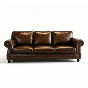 Vintage Rolled Arm Top Grain Leather 3-Seater Sofa, Button Tufted Nailhead Trim Brown Leather Couch for Farmhouse Traditional Living Room Decor