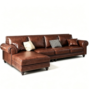 Vintage Nailhead Trim Rolled Arm Top Grain Leather L-Shaped Sectional Sofa with Chaise Lounge, Caramel Brown Rivet Leather Corner Couch for Farmhouse Traditional Living Room