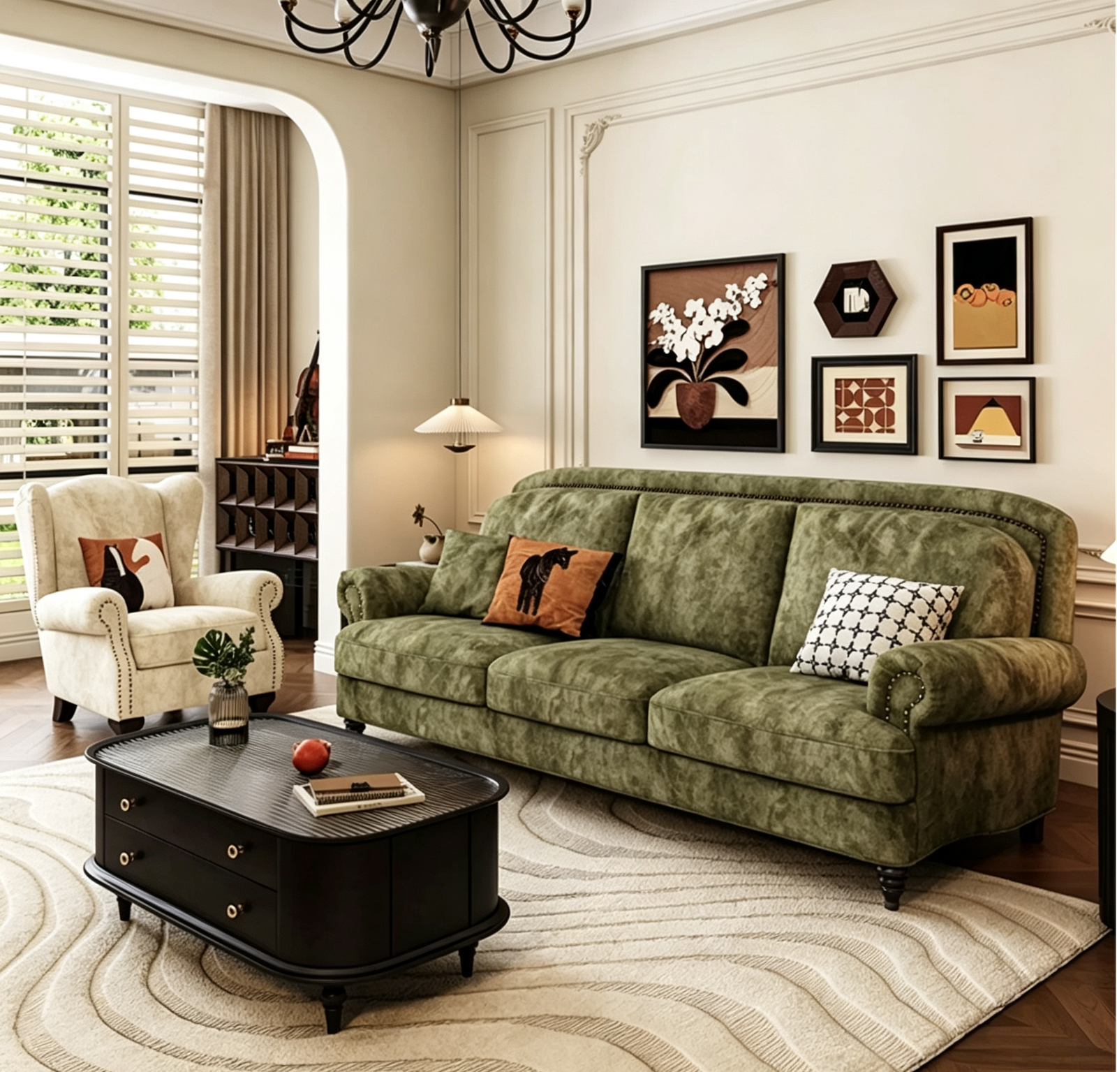 Olive Green Velvet 4-Seater Chesterfield Sofa, Rolled Arm Couch with Antique Nailhead Trim & Turned Wood Legs for Vintage Traditional Living Room - Image 2