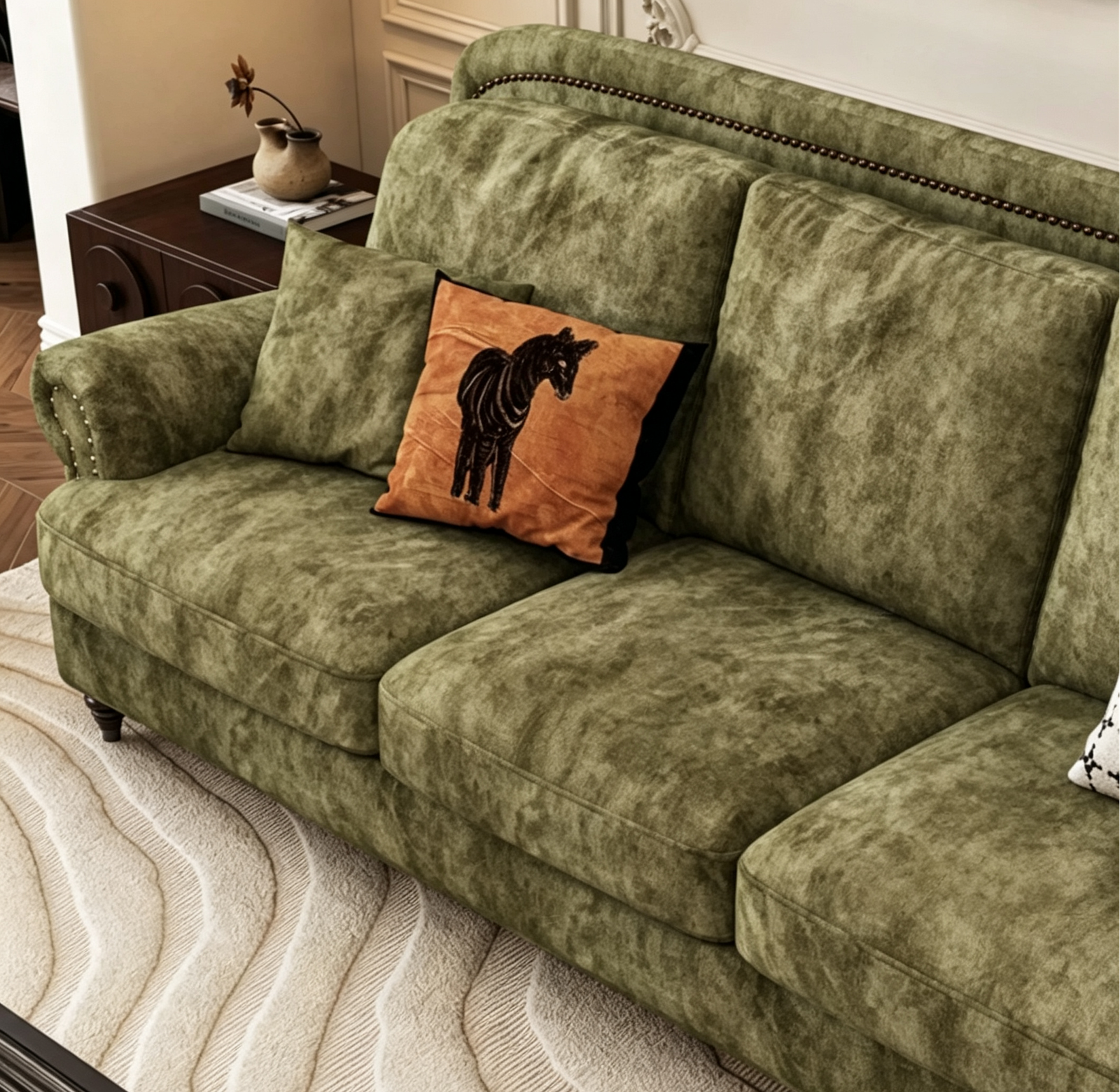 Olive Green Velvet 4-Seater Chesterfield Sofa, Rolled Arm Couch with Antique Nailhead Trim & Turned Wood Legs for Vintage Traditional Living Room - Image 3