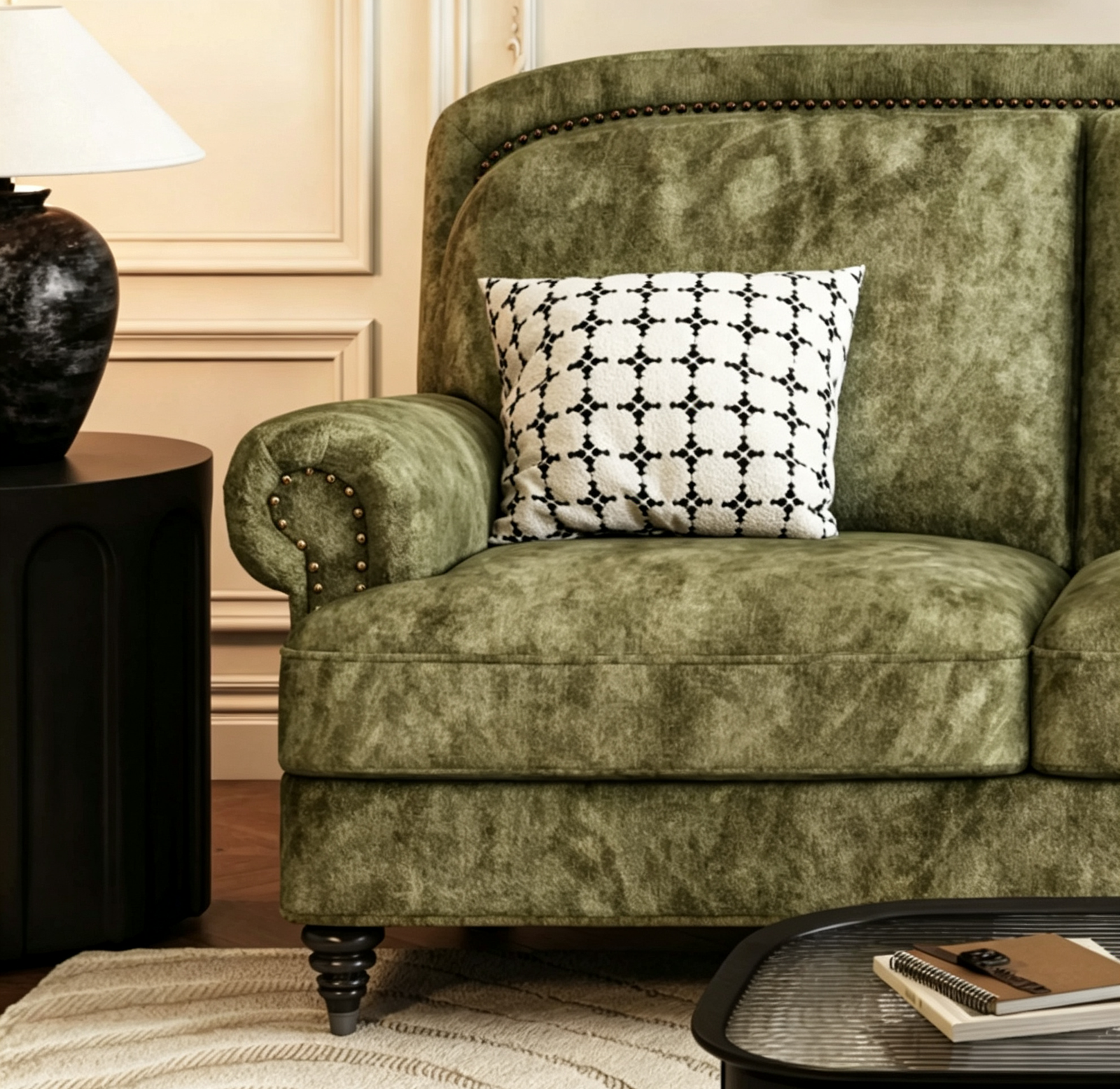 Olive Green Velvet 4-Seater Chesterfield Sofa, Rolled Arm Couch with Antique Nailhead Trim & Turned Wood Legs for Vintage Traditional Living Room - Image 4
