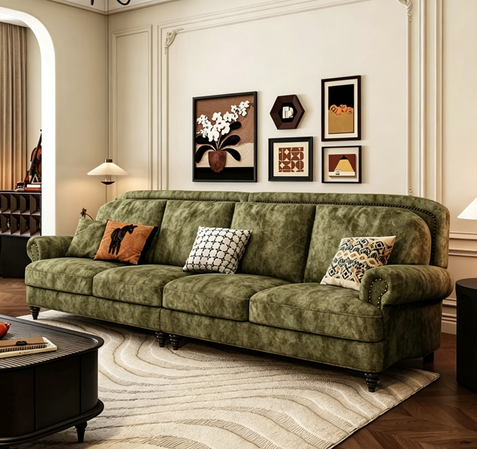 Olive Green Velvet 4-Seater Chesterfield Sofa, Rolled Arm Couch with Antique Nailhead Trim & Turned Wood Legs for Vintage Traditional Living Room - Image 5