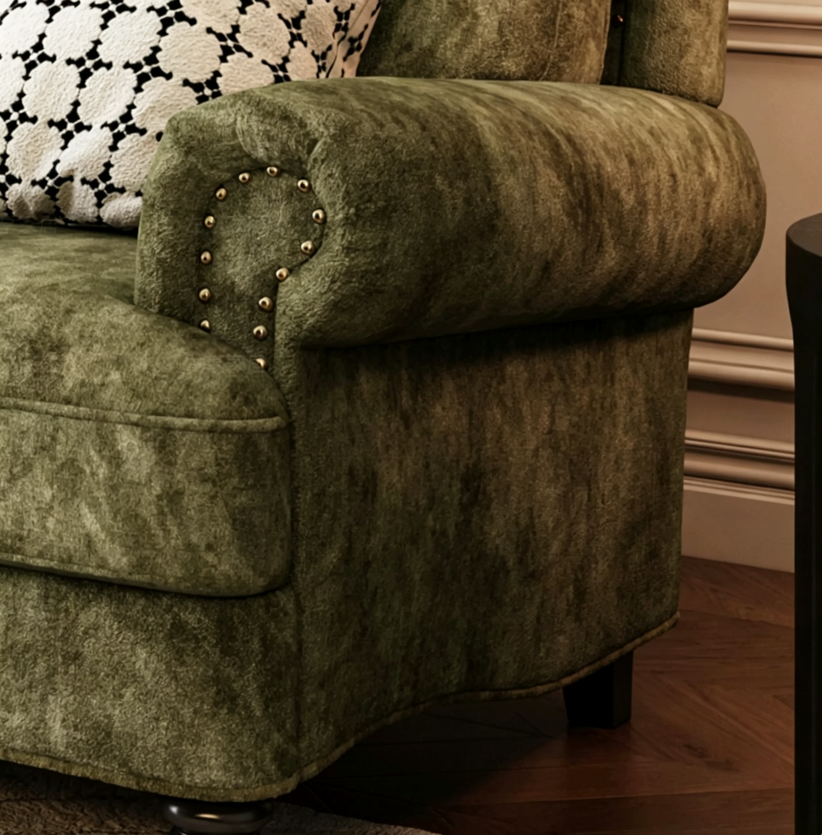Olive Green Velvet 4-Seater Chesterfield Sofa, Rolled Arm Couch with Antique Nailhead Trim & Turned Wood Legs for Vintage Traditional Living Room - Image 6