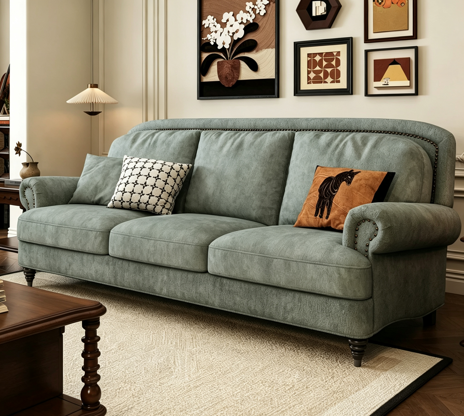Olive Green Velvet 4-Seater Chesterfield Sofa, Rolled Arm Couch with Antique Nailhead Trim & Turned Wood Legs for Vintage Traditional Living Room - Image 7