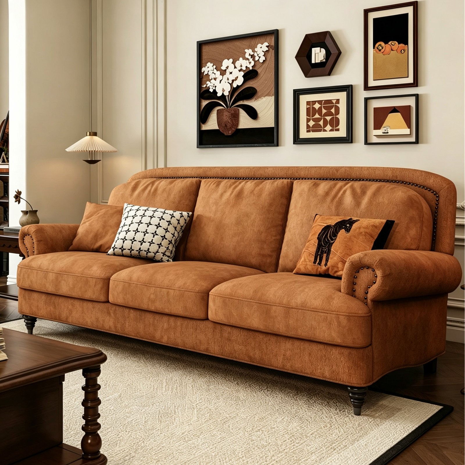 Olive Green Velvet 4-Seater Chesterfield Sofa, Rolled Arm Couch with Antique Nailhead Trim & Turned Wood Legs for Vintage Traditional Living Room - Image 8