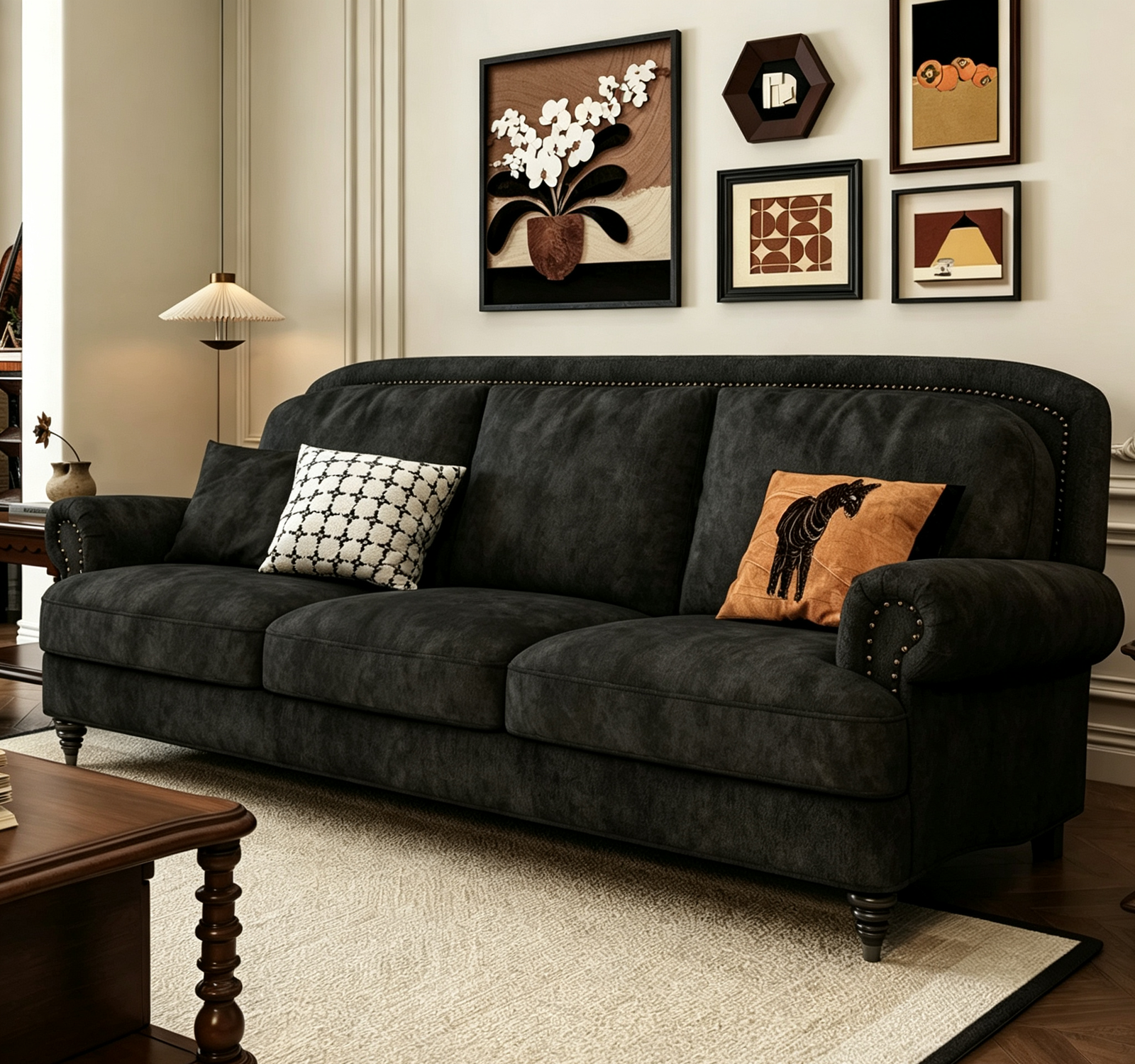 Olive Green Velvet 4-Seater Chesterfield Sofa, Rolled Arm Couch with Antique Nailhead Trim & Turned Wood Legs for Vintage Traditional Living Room - Image 9