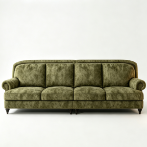 Olive Green Velvet 4-Seater Chesterfield Sofa, Rolled Arm Couch with Antique Nailhead Trim & Turned Wood Legs for Vintage Traditional Living Room