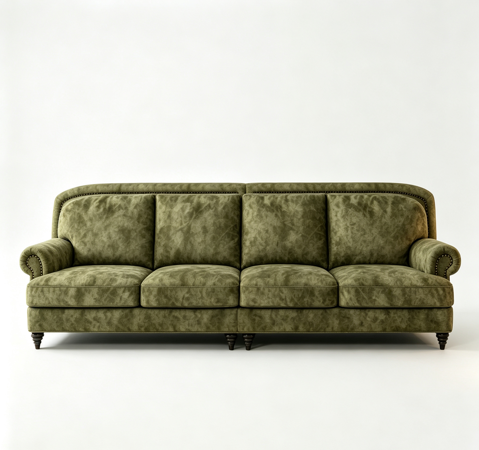 Olive Green Velvet 4-Seater Chesterfield Sofa, Rolled Arm Couch with Antique Nailhead Trim & Turned Wood Legs for Vintage Traditional Living Room