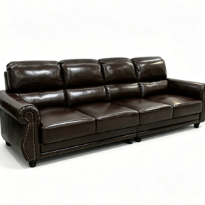 Vintage Brown Top Grain Leather 3-Seater Sofa, Hand Rivet Rolled Arm Traditional Couch, American Retro Farmhouse Leather Sofa with Decorative Throw Pillows for Living Room